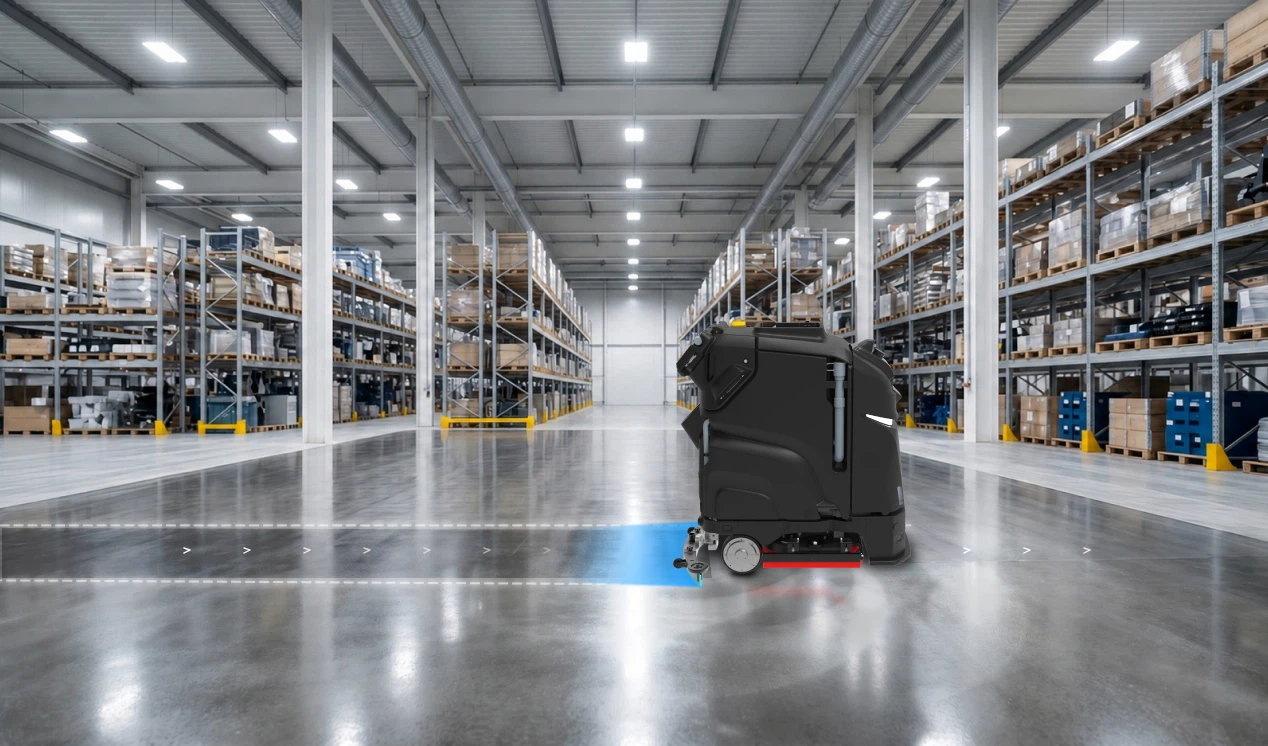 heavy-duty cleaning robot at warehouse