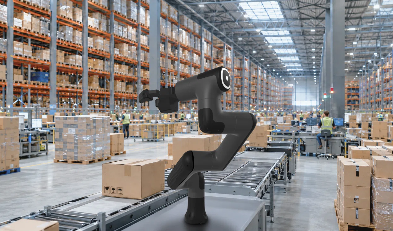 industrial robotic arm at warehouse