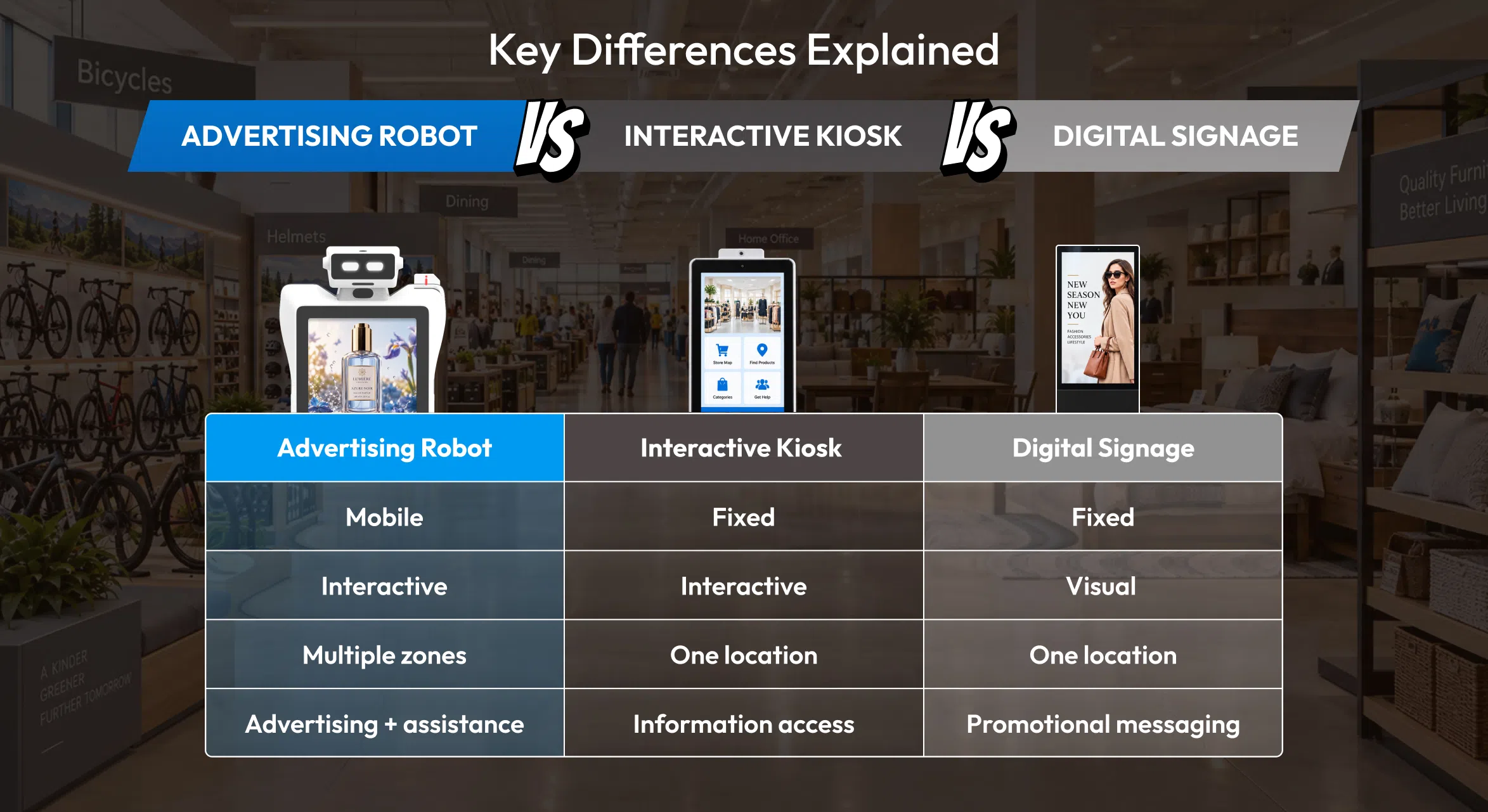 advertising robot vs interactive kiosk vs digital signage key differences explained
